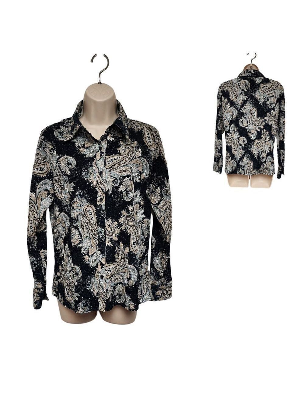 East 5th Women Pleated Long Sleeve Button Front Paisley Blouse Medium